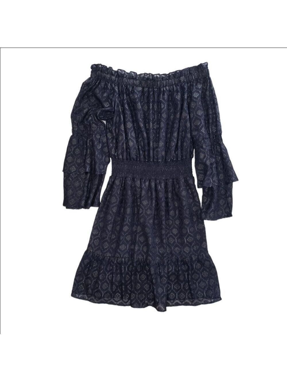 Lucky Brand Women’s Medium Navy Off Shoulder Smocked Waist Boho Dress - Picture 3 of 11